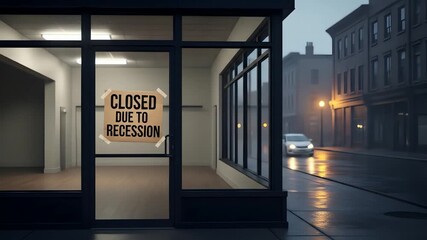 Storefront closed due to recession on a foggy rainy evening