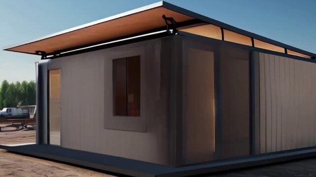 created with generativmodern house with a sloping roof, clad in a combination of dark gray and cream-colored exterior walls array of solar panels installed on the roof, angled to maximize energy ai