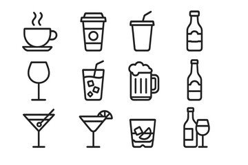 Drink and beverage line icon set. Coffee, beer, wine, cocktail, and soda symbols. Minimal vector outline icons for bar, cafe menu, or app design. Editable stroke.