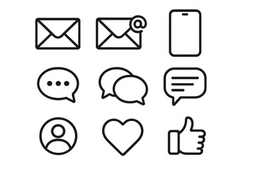 Communication and messaging outline icon set. Email, chat, and social media icons. Vector line art for UI UX design. Smartphone, message, like, user profile symbols.