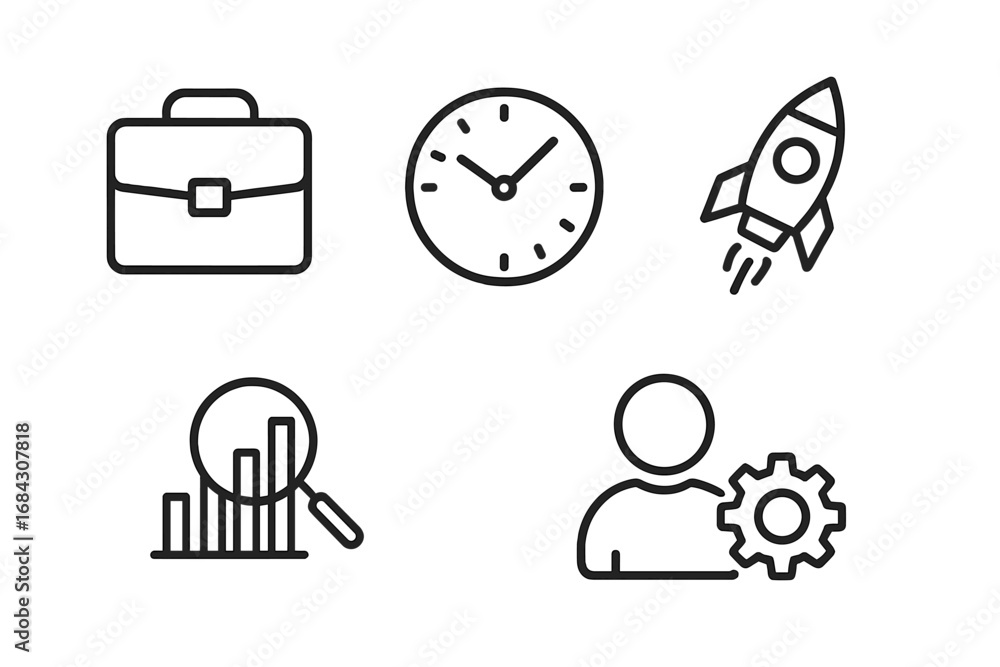 Poster business line icon set for web and apps. vector collection of briefcase, clock, startup rocket, data