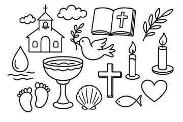 Baptism symbols doodle collection. Christian faith vector line art icons. Church, bible, holy cross, dove, chalice, candle and shell for christening or religious ceremony.
