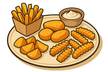 Vector cartoon illustration of a crispy fried potato platter. Assortment of french fries, crinkle-cut fries, and wedges with a creamy dip. Fast food snack or appetizer concept.