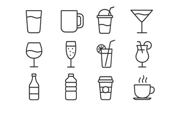 Beverage line icon set for drinks and liquids. Vector symbols for cafe, bar menu. Editable stroke. Coffee, tea, alcohol, cocktail, juice, soda, water, wine, beer, smoothie.