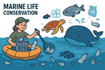 Marine life conservation vector illustration. Volunteer cleaning plastic pollution from the ocean to protect sad sea animals. Environmental cleanup of waste to save whale, turtle, fish.