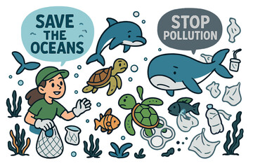 Save the oceans, stop pollution concept. Volunteer cleaning plastic waste. Marine life conservation with sad whale, turtle, dolphin. Environmental protection activism vector.