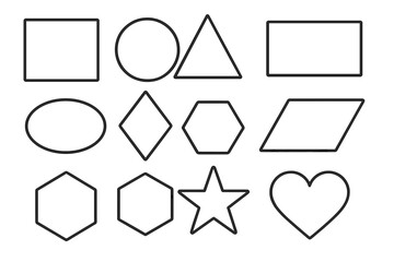 Set of basic geometric shapes. Black line art collection including square, circle, triangle, star and heart. Minimalist vector icons perfect for web design or educational material.