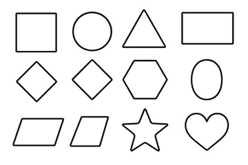 Collection of simple geometric shapes. Black outline vector icons. Square, circle, triangle, hexagon, rhombus, star, heart. Educational materials for kids. Basic forms set.