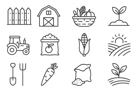 Agriculture line icon set. Farm and harvesting concept. Farmer, barn, tractor, crop and food symbols. Rural cultivation and organic production. Editable stroke vector graphics.