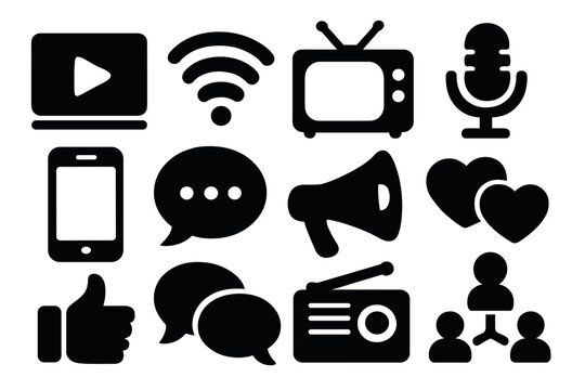 Social media communication icon collection. Black silhouette vector graphics. Includes podcast, streaming video, like, comment, share, radio, tv, wifi, and smartphone icons. - Powered by Adobe