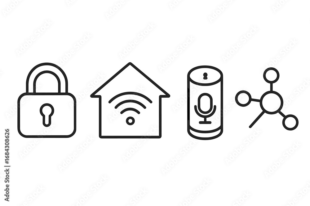 Poster smart home automation linear icon set. vector outline icons for security, connectivity, and smart de