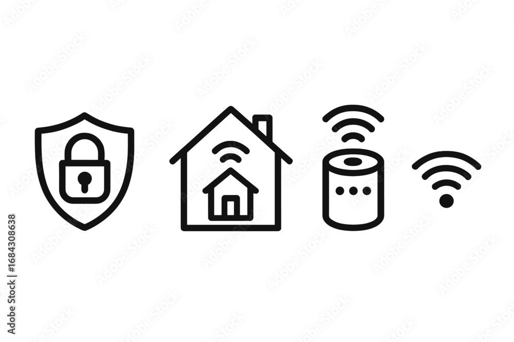 Poster home automation linear icon set. smart home technology concept with security, smart devices, and con