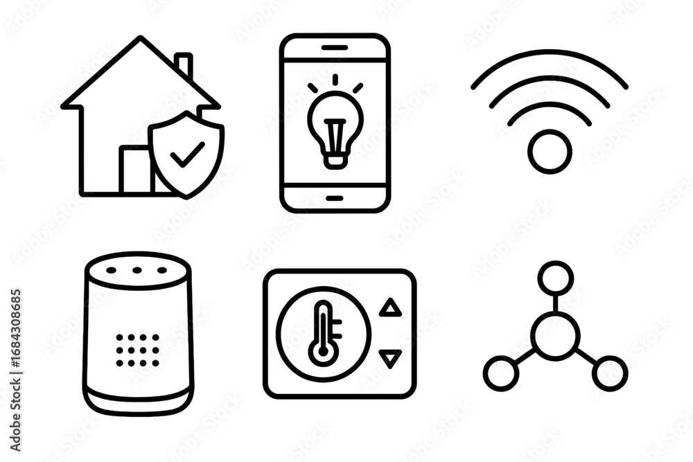 Poster home automation linear icon set. smart home technology concepts with security, lighting, voice assis
