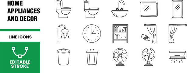 Home appliances and decor line icons set vector illustration collection containing toilet, sink, mirror, shower, clock, shelf, curtain, trash can, fan, air conditioner
