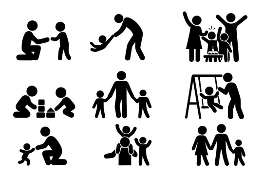 Family activities silhouette icon set. Parenting and childhood concepts. Parents playing with kids, birthday celebration, walking, playground fun. Vector stick figure pictogram.