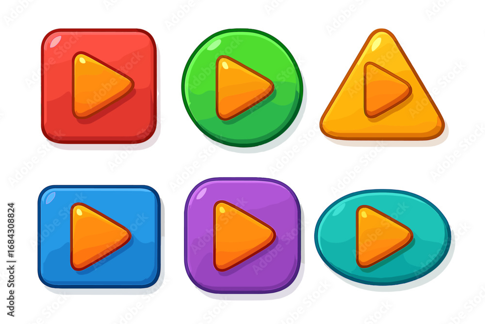 Poster set of colorful 3d play buttons in various glossy shapes. vector cartoon illustration for game or we