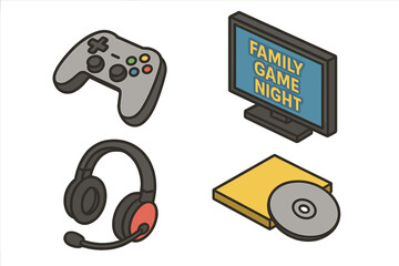 Family game night isometric icon set. Vector cartoon illustration of video gaming concepts. Console controller, tv screen, headset and game disc for home entertainment.