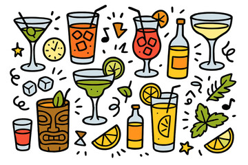 Cocktail party elements doodle icon set for happy hour. Hand-drawn vector cartoon illustrations for bar menu or drink recipes. Margarita, martini, tiki mug and summer drinks.