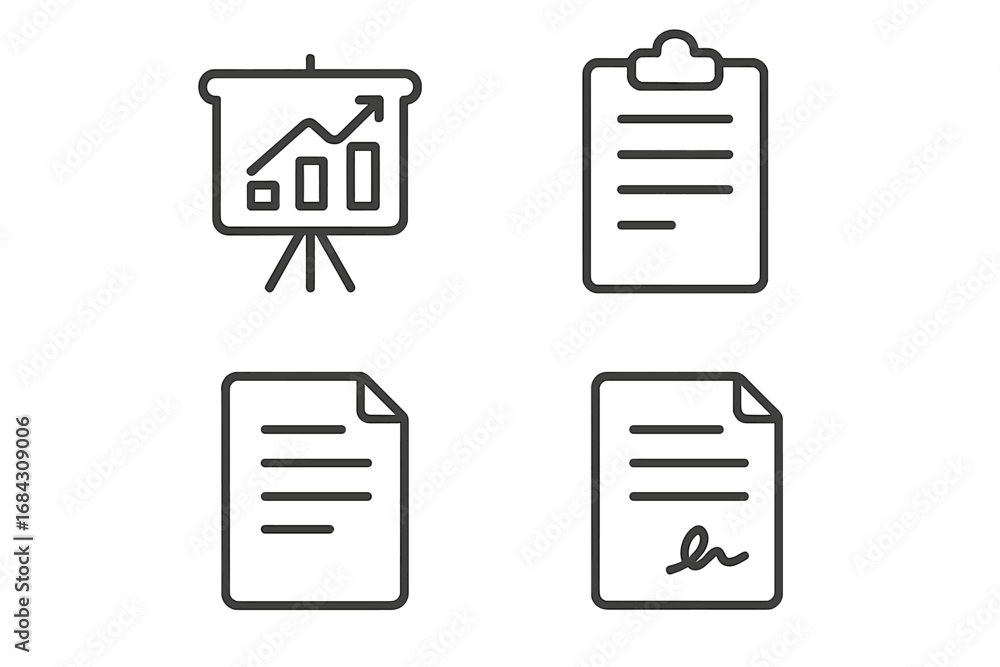 Aufkleber business documents line icon set. vector collection of presentation graph, analytics report, clipboa
