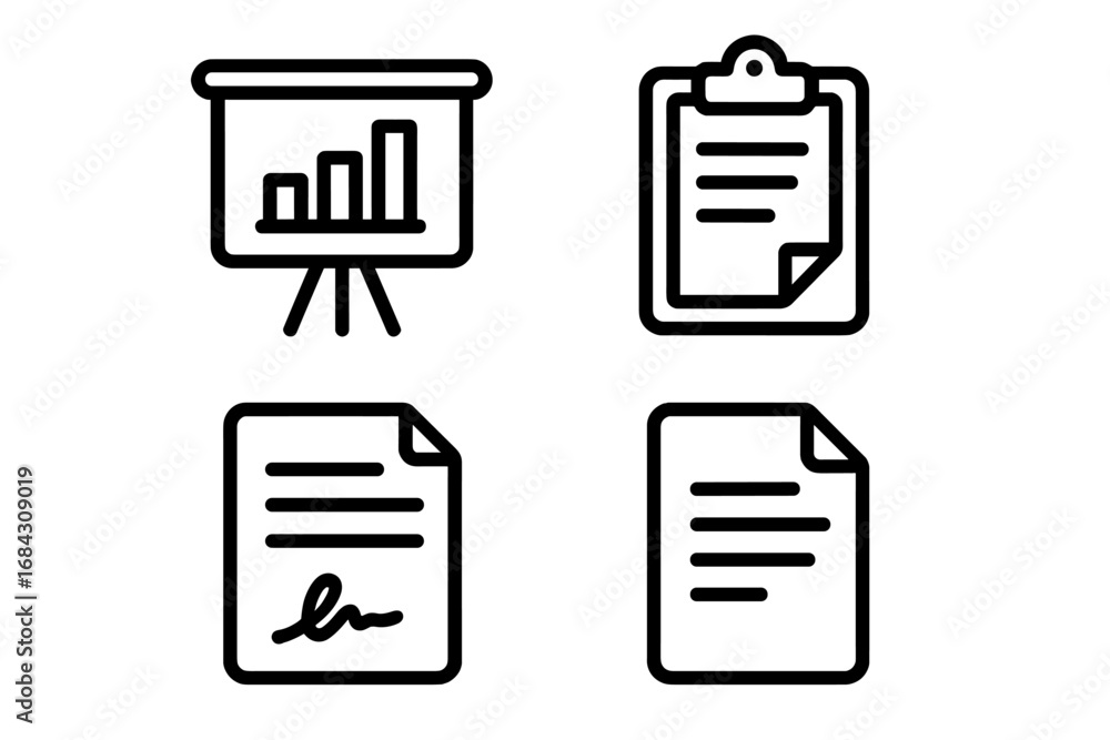 Poster business report and data analysis vector line icon pack. icons for presentation with growth chart, c