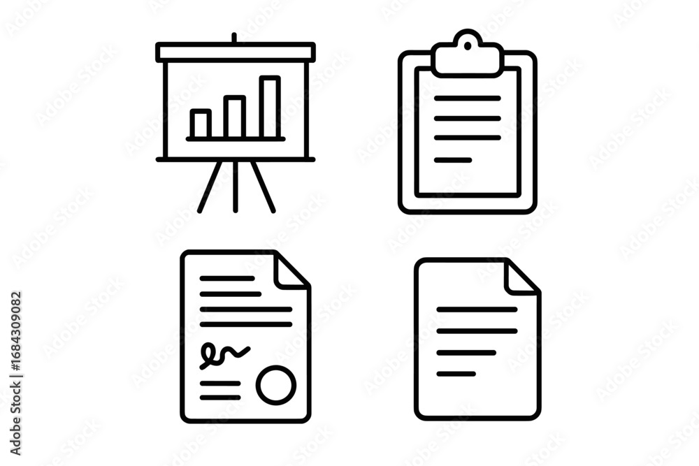 Poster document line icon set. business presentation with growth chart. clipboard with report. signed contr