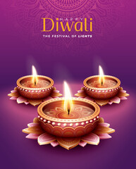 Happy Diwali festival with oil lamp, Rangoli decoration with Diya, Diwali holiday Background with rangoli, Diwali celebration greeting card,vector.