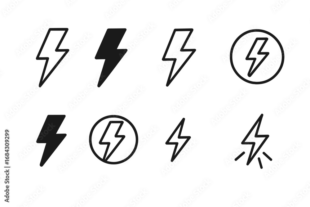 Poster lightning bolt vector icon set. thunder flash and electricity symbol collection. simple line art and