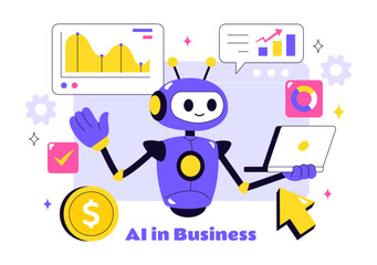 Artificial Intelligence in Business Vector Illustration Featuring Digital Brain Technology and Engineering Concept with Programmer, Data, and Systems