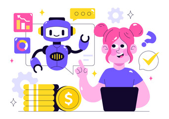 Artificial Intelligence in Business Vector Illustration Featuring Digital Brain Technology and Engineering Concept with Programmer, Data, and Systems