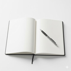 Naklejka premium Open blank notebook with a black pen resting on its pages, ready for writing or planning, in a bright studio