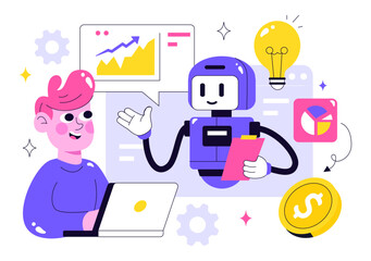 Artificial Intelligence in Business Vector Illustration Featuring Digital Brain Technology and Engineering Concept with Programmer, Data, and Systems