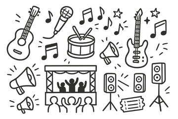 Concert doodle icon set. Hand-drawn music festival elements. Live show with band on stage, guitar, drum, and microphone. Vector illustration for entertainment and party events.