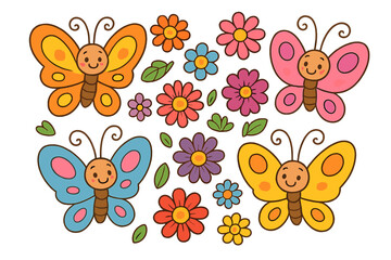 Cute cartoon butterflies and flowers set. Whimsical spring and summer garden insect collection. Happy smiling kawaii characters for kids creative projects, sticker, or decoration.