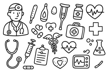 Hand drawn medical doodles set. Vector cartoon illustration of doctor tools and symbols. Healthcare, hospital and pharmacy icons. Medicine, first aid and emergency elements.