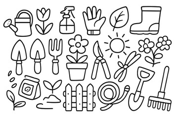 Gardening tools icon set in doodle style. Hand drawn vector collection of garden equipment, plants, flowers. Spring farming outline cartoon illustration elements for design.