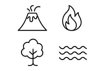 Nature elements outline icon set with volcano, fire, tree, and water symbols. Vector line art collection for environmental, ecological, and natural disaster concepts. Simple design.