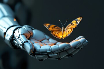 Robot Hand Holding Butterfly Symbolic Of Technology And Nature Balance