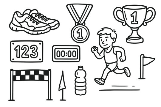 Hand drawn marathon running icon set. Vector doodle collection. Runner, medal, trophy, shoes, finish line. Sport, fitness, competition, winner concept. Athletic event elements.