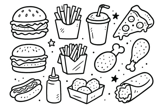 Naklejki Hand drawn fast food doodle set. Vector line art cartoon illustration collection. Burger, pizza, fries, hot dog icons for restaurant menu. Junk food snack pack in black and white.
