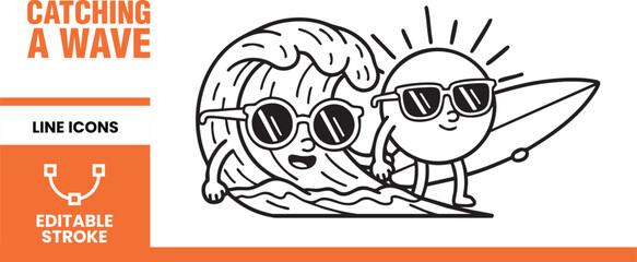 Naklejka premium Catching a wave line icons featuring cute cartoon characters with sunglasses, perfect for summer vacation, tropical beach, and surfing designs with editable stroke style