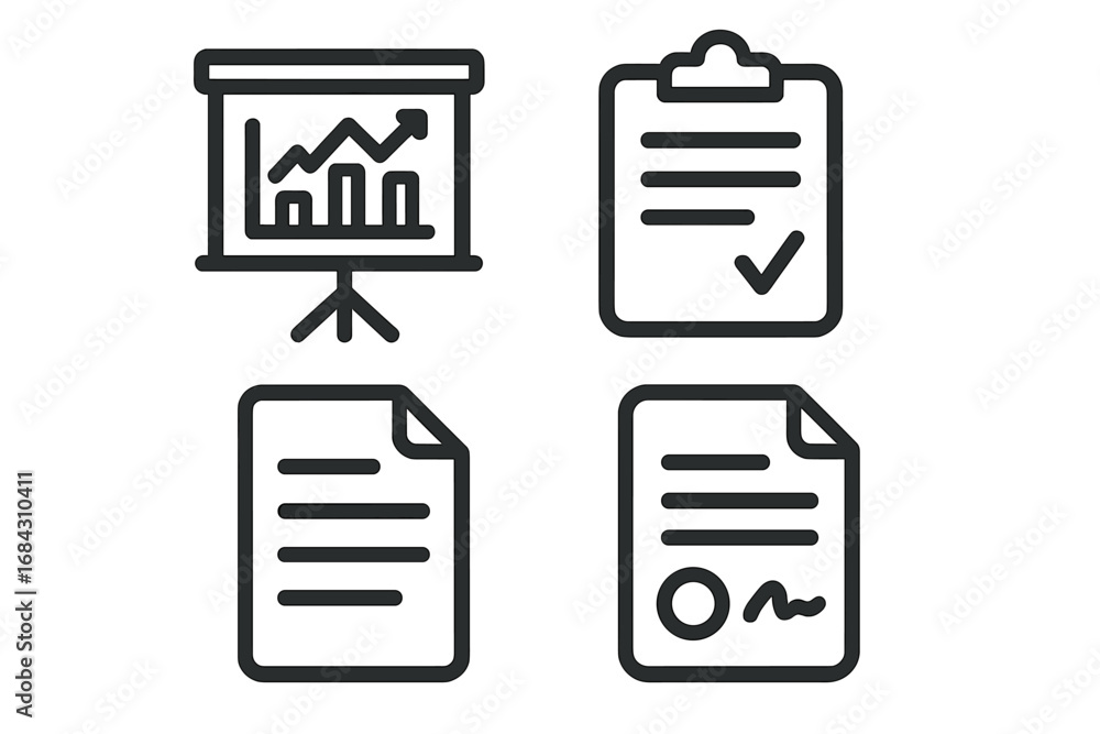 Poster business line icon set. vector icons of presentation growth chart, clipboard checklist, signed contr