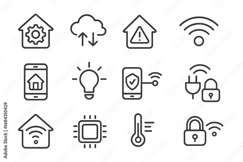 Poster smart home line icon set. iot concept. automation technology, remote control, wireless connectivity.