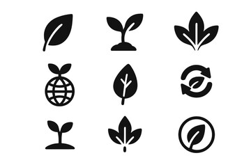 Nature and ecology solid icon set. Leaf, plant, and sprout symbols in bold glyph style. Eco friendly, sustainability, and recycling concepts for green conservation.