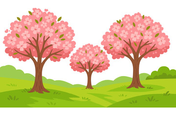 Obraz premium Spring landscape with blooming cherry blossom trees. Japanese sakura flowers in a beautiful nature park. Vector cartoon illustration of green hills with pink floral scenery.
