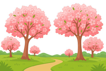 Serene spring landscape with blooming pink cherry blossom sakura trees. Beautiful cartoon nature park scene with a path and green meadows. Vector floral background illustration.