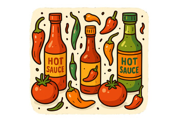 Colorful hot sauce collection with spicy chili, habanero, and jalapeno peppers. Vector ingredients for Mexican food menu. Cartoon condiment bottles illustration set.
