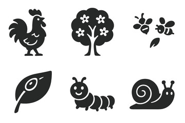 Naklejka premium Nature awakening icon set. Solid glyph icons of spring and morning. Rooster, blooming tree, bees, leaf with dew, caterpillar, snail. Farm and garden animal vector symbols.