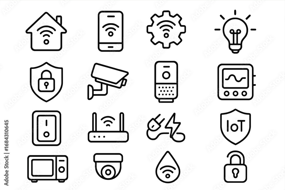 Poster smart home technology outline icon set. vector collection of internet of things (iot) symbols for au
