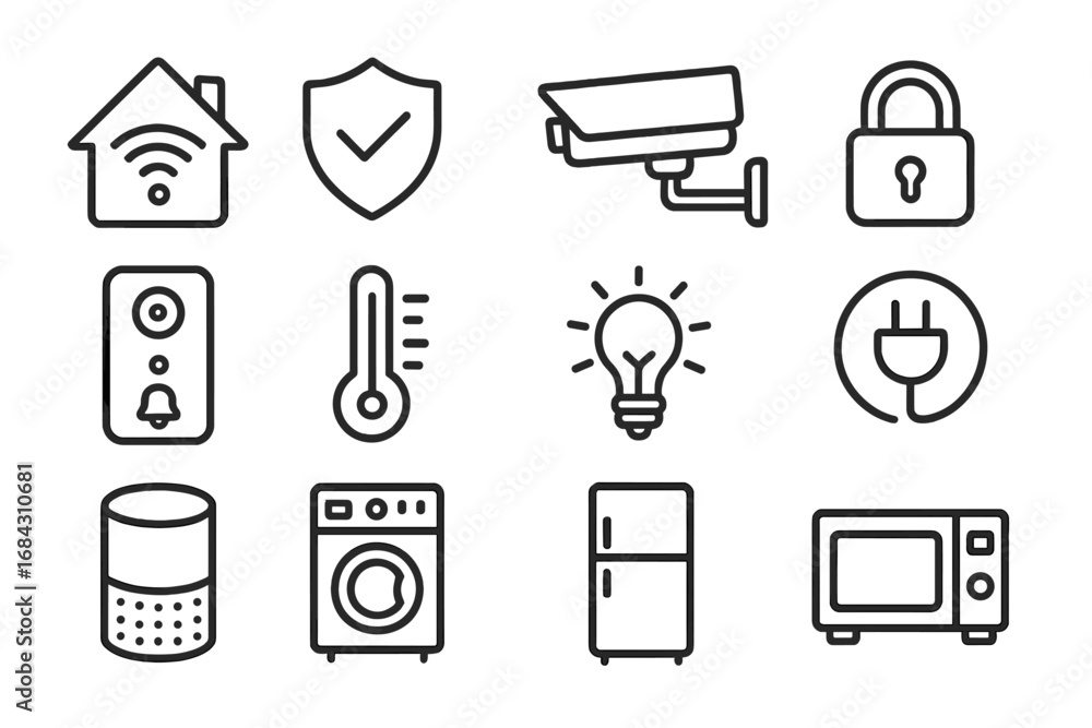 Poster smart home vector icon set with security and appliance features. outline style pictograms for home a