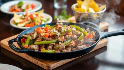 Steaming sizzling fajitas with peppers and onions served in a cast iron skillet